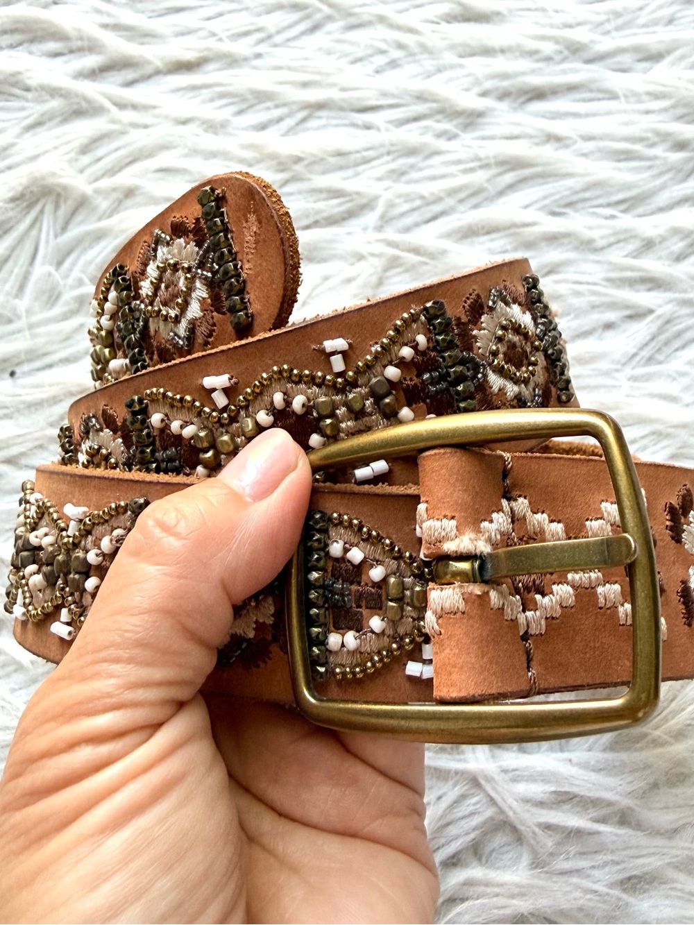 Lucky Brand Beaded Embroidered Leather Belt Tan Boho Western Festival Medium M
